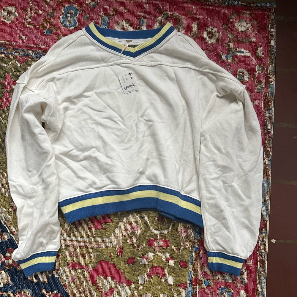 Free People White and Blue V-Neck Sweater